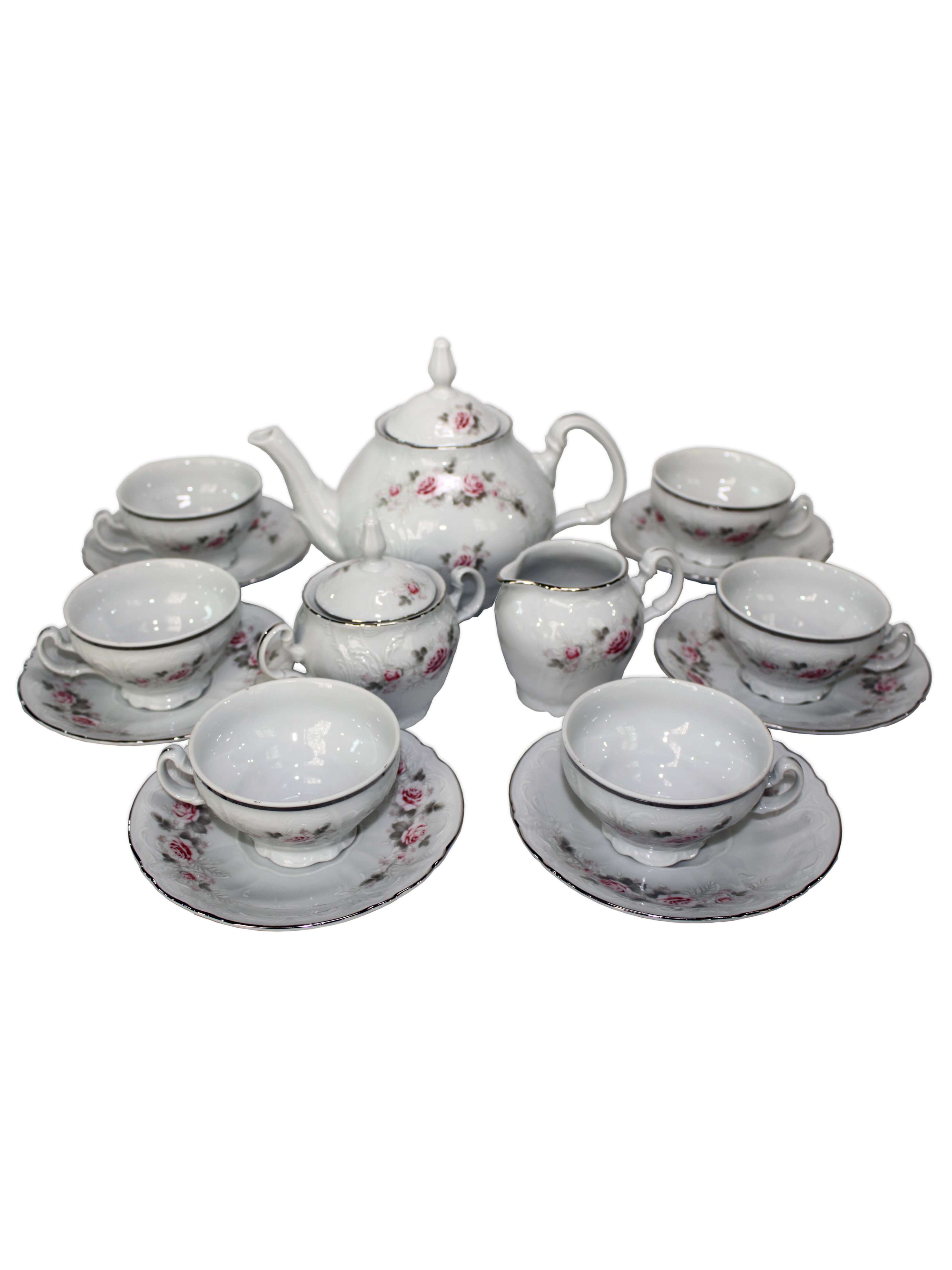 Чайный сервиз на 6 персон 17 предметов Бернадот Bernadotte декор Бледные розы, отводка платина. Фарфор Тхун, Чехия.