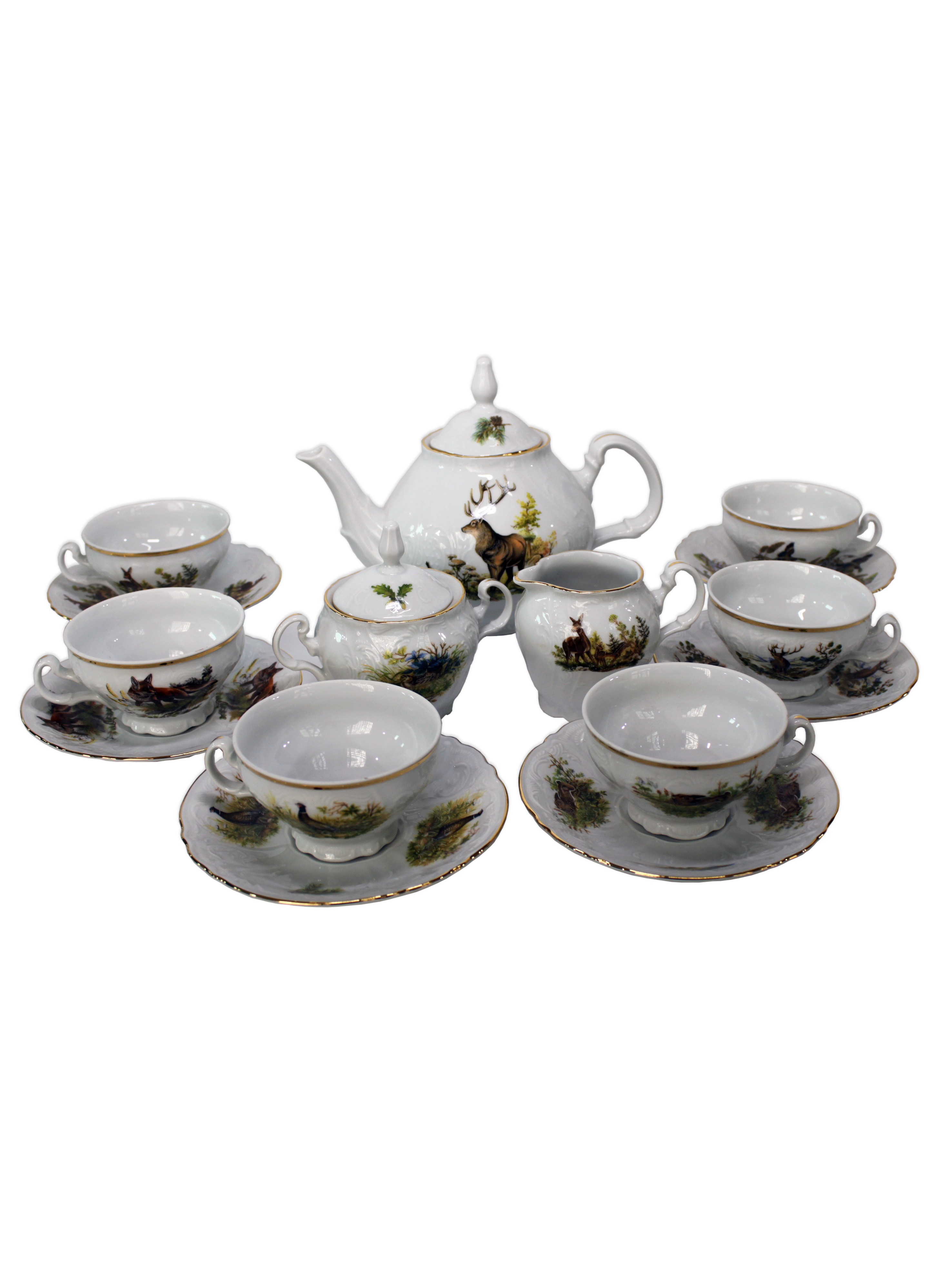 Чайный сервиз на 12 персон 44 предметов Бернадот Bernadotte декор Охотничьи сюжеты. Фарфор Тхун, Чехия.