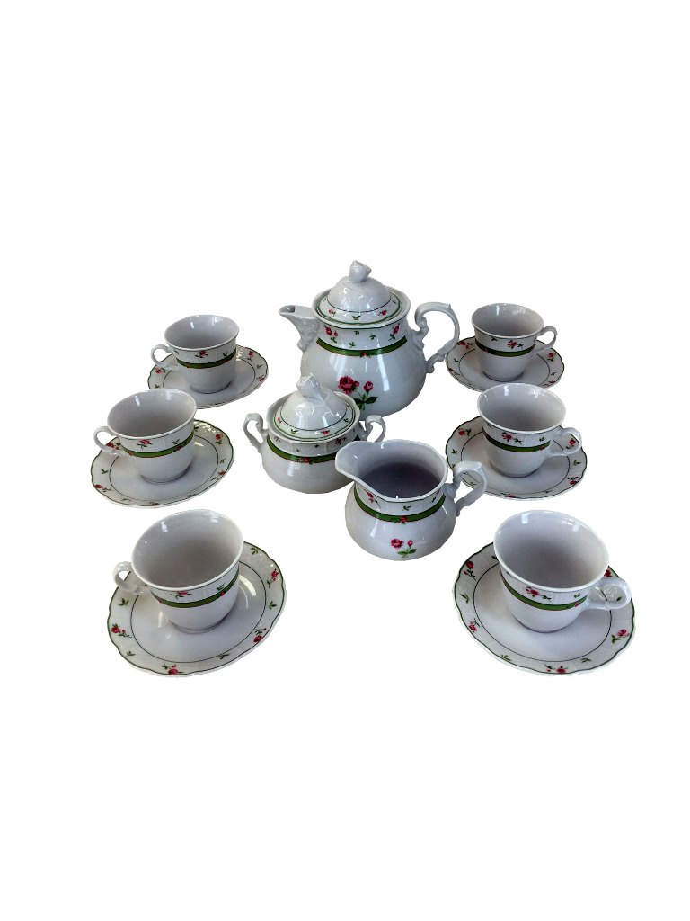 Чайный сервиз Menuet на 6 персон 17 предметов декор Роза, зеленая отводка. Фарфор Тхун, Чехия.