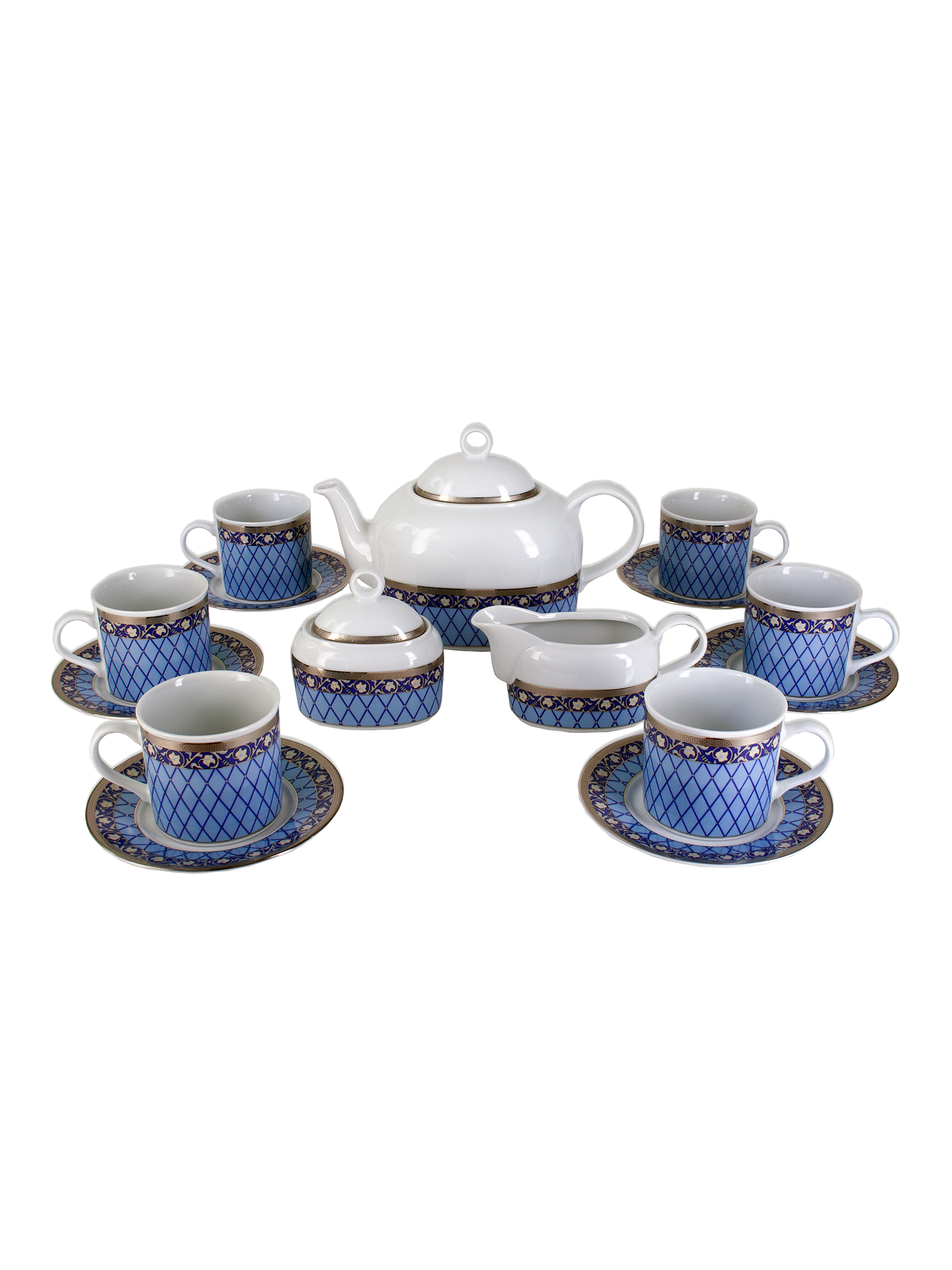 Чайный сервиз Cairo на 6 персон 17 предметов декор Сетка на синем, отводка платина. Фарфор Тхун, Чехия.