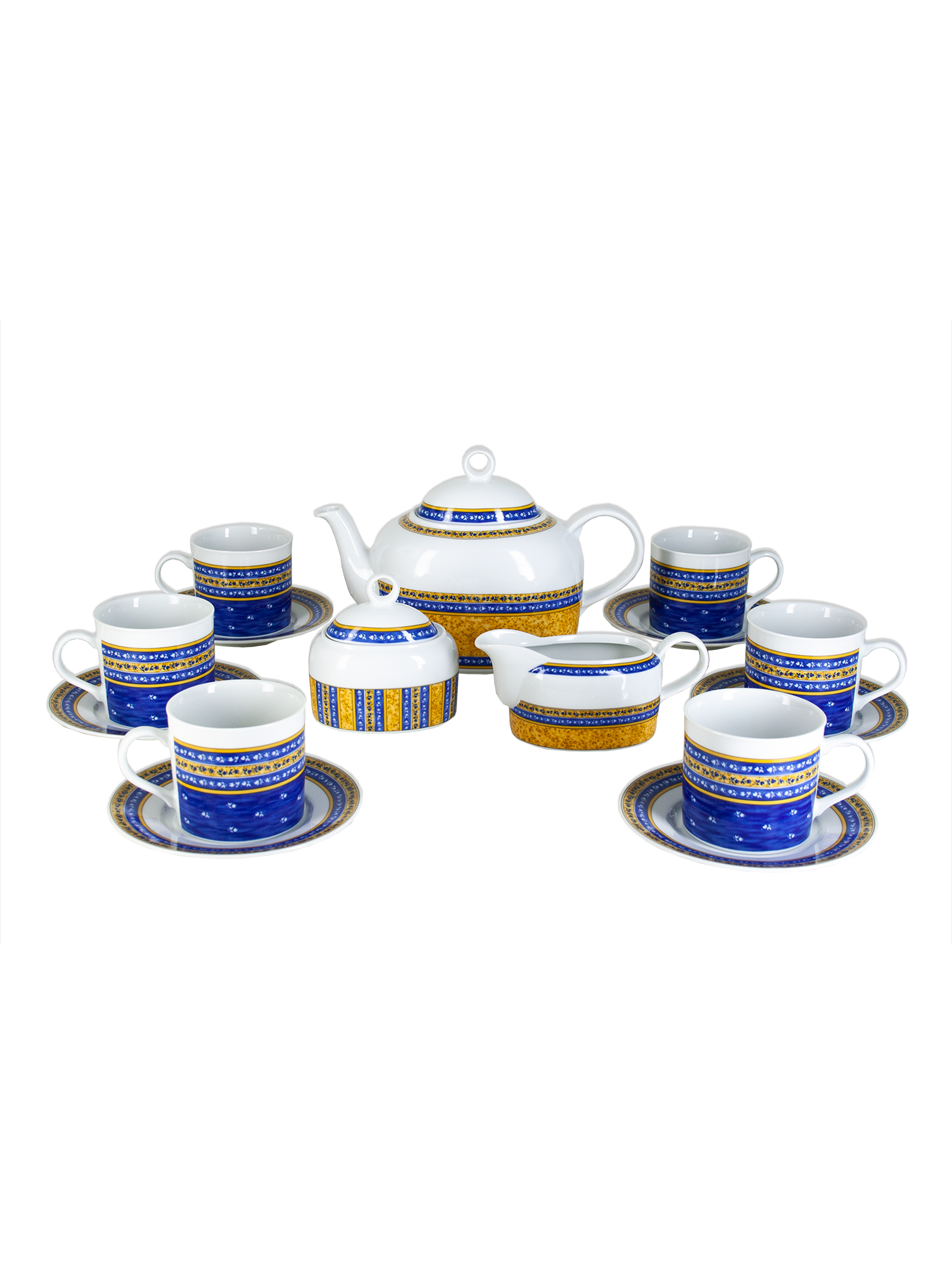 Чайный сервиз Cairo на 6 персон 17 предметов декор Сине-желтые полоски. Фарфор Тхун, Чехия.