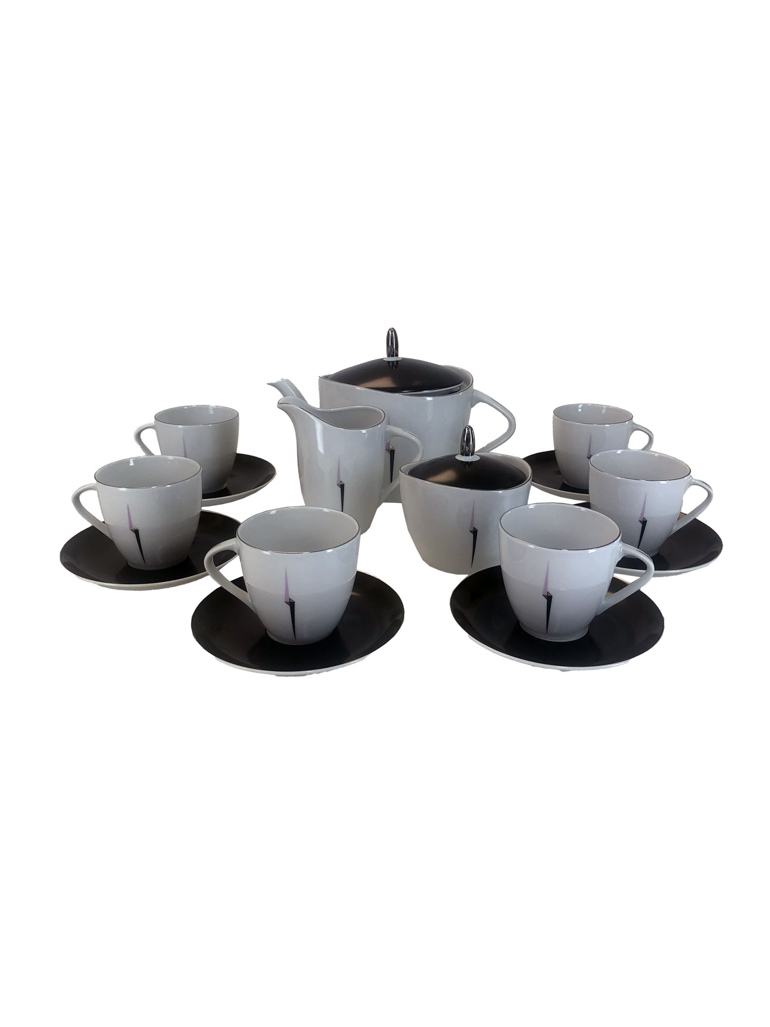 Чайный сервиз на 6 персон 17 предметов Silvia декор Сиренево-черная стрела. Фарфор Тхун, Чехия.