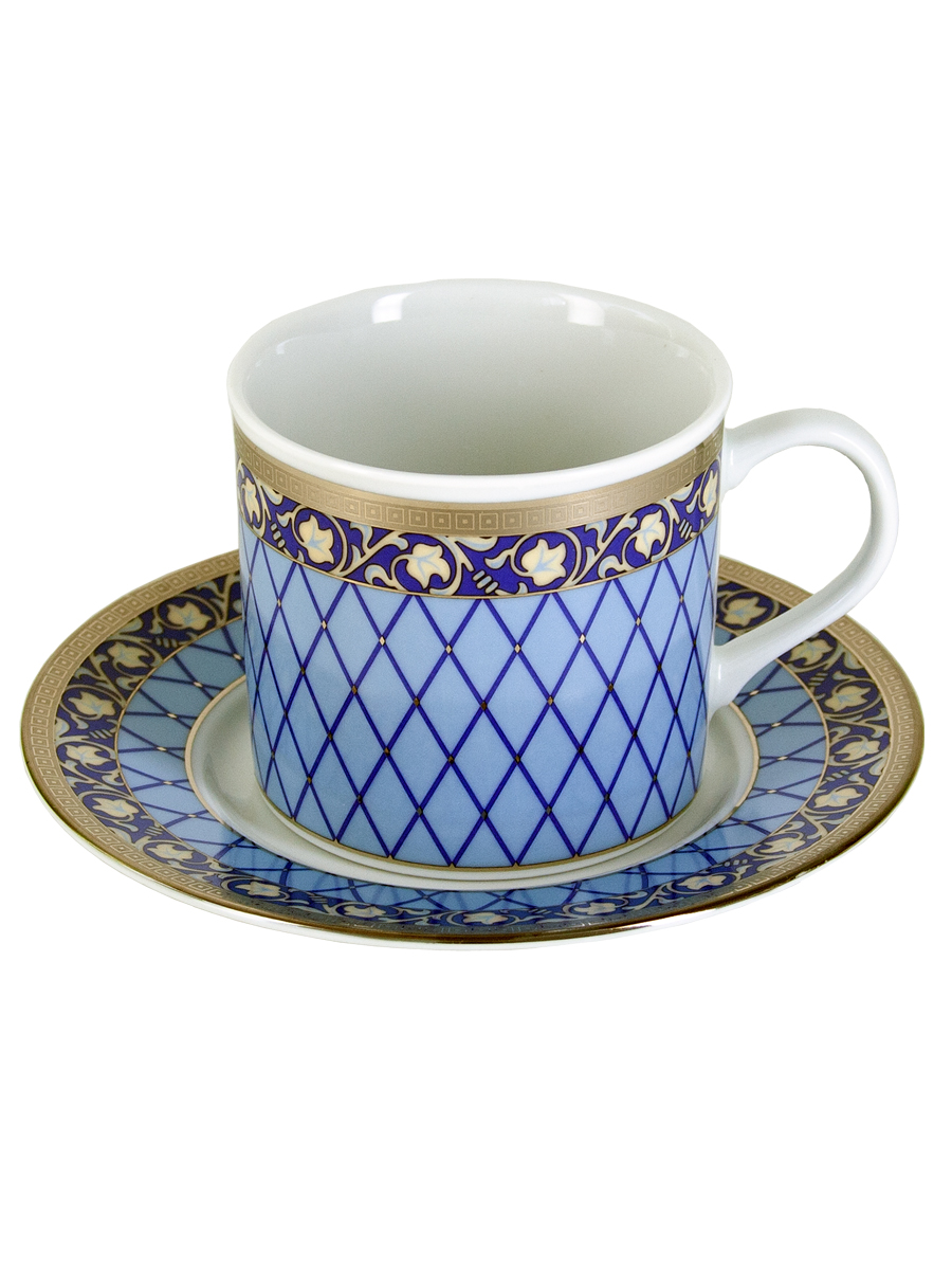 Чашка с блюдцем Cairo155 мм высокая декор Сетка на синем, отводка платина