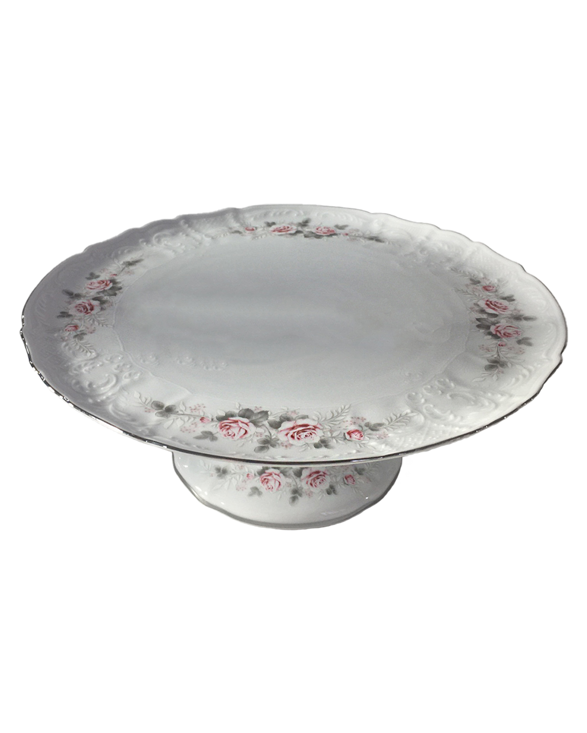 Тарелка для торта на ножке 32 см, Бернадот Bernadotte декор Бледные розы, отводка платина