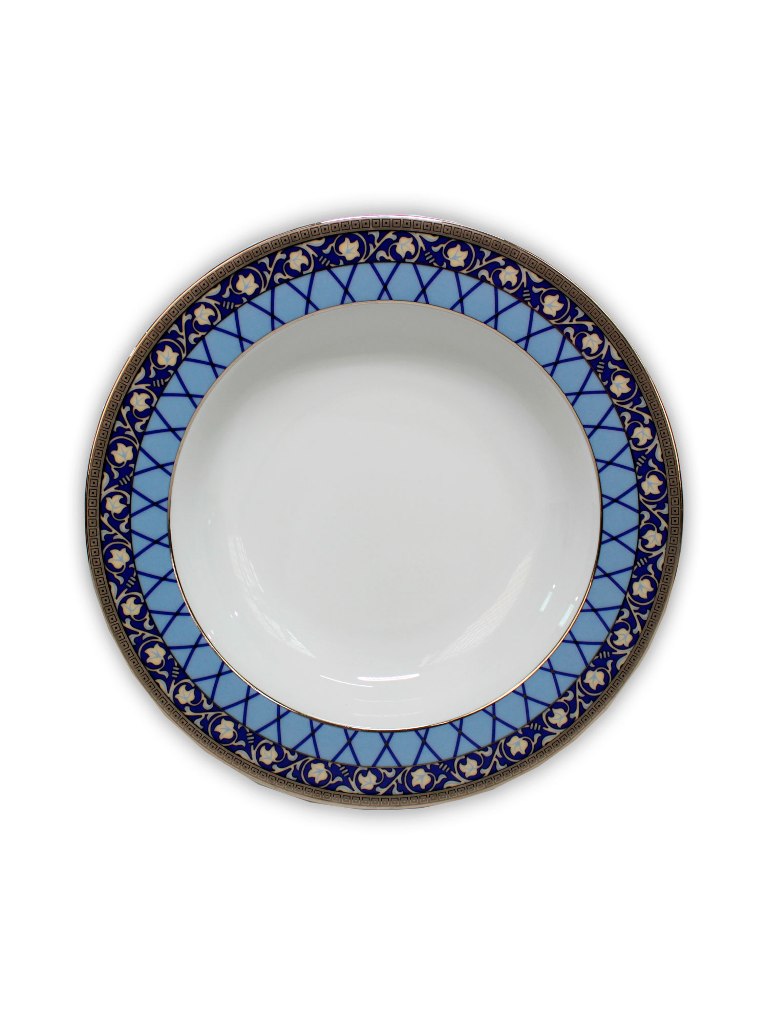 Тарелка глубокая Cairo 22 см декор Сетка на синем, отводка платина